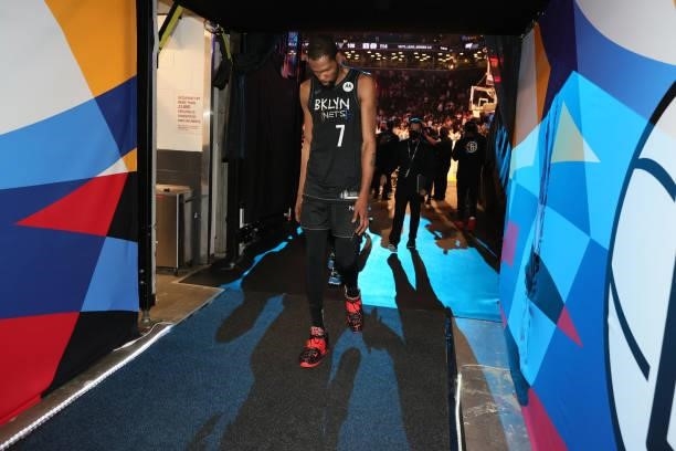 Kevin Durant of the Brooklyn Nets walks off the court after the game against the Milwaukee Bucks during Round 2, Game 5 of the 2021 NBA Playoffs on...