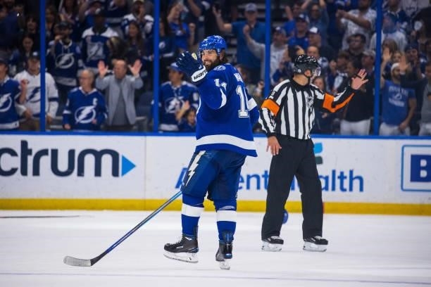 Pat Maroon of the Tampa Bay Lightning celebrates the win against the New York Islanders in Game Two of the Stanley Cup Semifinals of the 2021 Stanley...