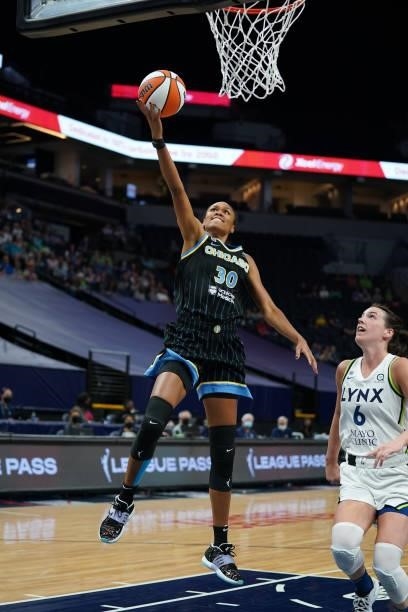 Azura Stevens of the Chicago Sky shoots the ball against the Minnesota Lynx on June 15, 2021 at Target Center in Minneapolis, Minnesota. NOTE TO...