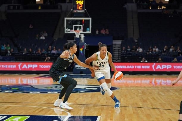 Napheesa Collier of the Minnesota Lynx drives to the basket against the Chicago Sky on June 15, 2021 at Target Center in Minneapolis, Minnesota. NOTE...