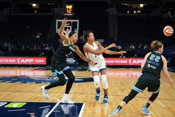 Napheesa Collier of the Minnesota Lynx passes the ball against the Chicago Sky on June 15, 2021 at Target Center in Minneapolis, Minnesota. NOTE TO...