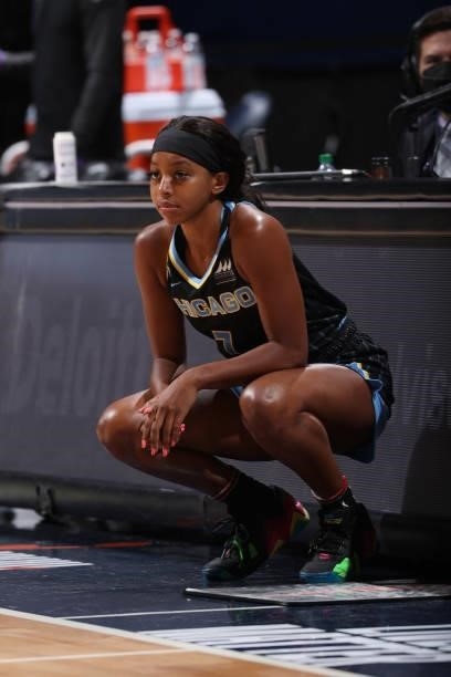 Lexie Brown of the Chicago Sky looks on during the game against the Minnesota Lynx on June 15, 2021 at Target Center in Minneapolis, Minnesota. NOTE...