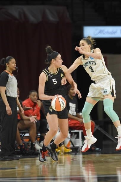 Rebecca Allen of the New York Liberty plays defense on Dearica Hamby of the Las Vegas Aces on June 15, 2021 at Michelob ULTRA Arena in Las Vegas,...