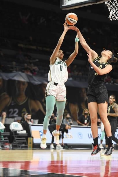 Leaonna Odom of the New York Liberty shoots the ball against the Las Vegas Aces on June 15, 2021 at Michelob ULTRA Arena in Las Vegas, Nevada. NOTE...