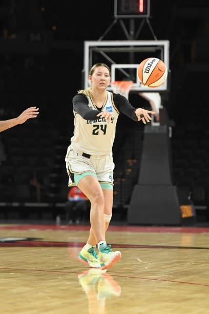 Kylee Shook of the New York Liberty passes the ball during the game against the Las Vegas Aces on June 15, 2021 at Michelob ULTRA Arena in Las Vegas,...