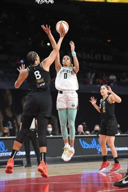 Leaonna Odom of the New York Liberty shoots the ball against the Las Vegas Aces on June 15, 2021 at Michelob ULTRA Arena in Las Vegas, Nevada. NOTE...