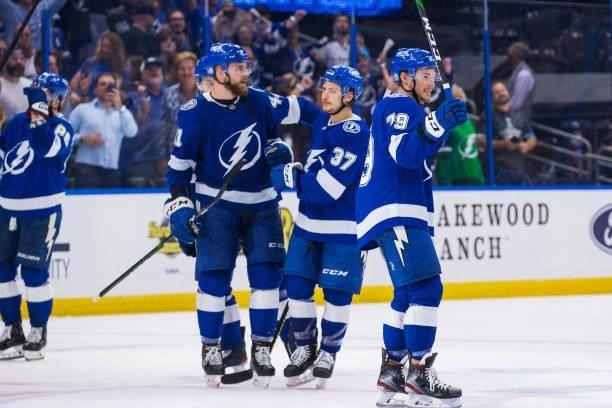 The Tampa Bay Lightning celebrate the win against the New York Islanders in Game Two of the Stanley Cup Semifinals of the 2021 Stanley Cup Playoffs...