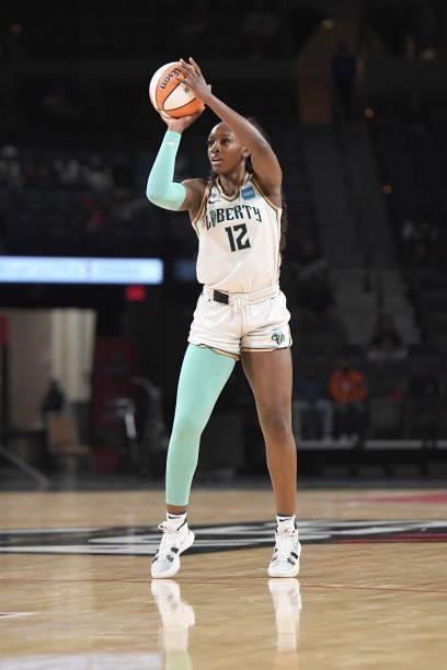 Michaela Onyenwere of the New York Liberty looks to shoot the ball against the Las Vegas Aces on June 15, 2021 at Michelob ULTRA Arena in Las Vegas,...