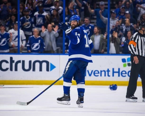Pat Maroon of the Tampa Bay Lightning celebrates the win against the New York Islanders in Game Two of the Stanley Cup Semifinals of the 2021 Stanley...