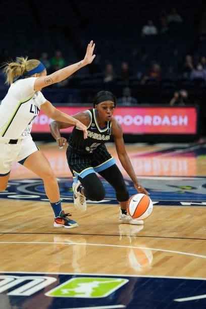 Dana Evans of the Chicago Sky dribbles during the game against the Minnesota Lynx on June 15, 2021 at Target Center in Minneapolis, Minnesota. NOTE...