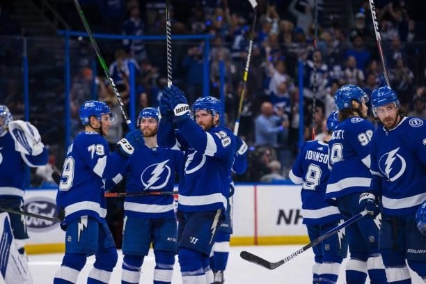 The Tampa Bay Lightning celebrate the win against the New York Islanders in Game Two of the Stanley Cup Semifinals of the 2021 Stanley Cup Playoffs...