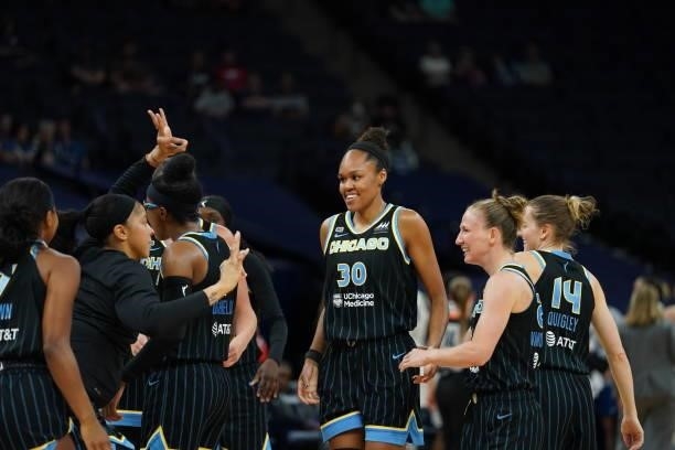 Azura Stevens of the Chicago Sky high fives teammates during the game against the Minnesota Lynx on June 15, 2021 at Target Center in Minneapolis,...