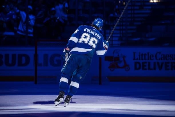 Nikita Kucherov of the Tampa Bay Lightning celebrates the win against the New York Islanders in Game Two of the Stanley Cup Semifinals of the 2021...