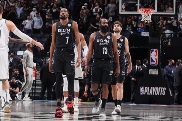 The Brooklyn Nets look on during Round 2, Game 5 of the 2021 NBA Playoffs on June 15, 2021 at Barclays Center in Brooklyn, New York. NOTE TO USER:...