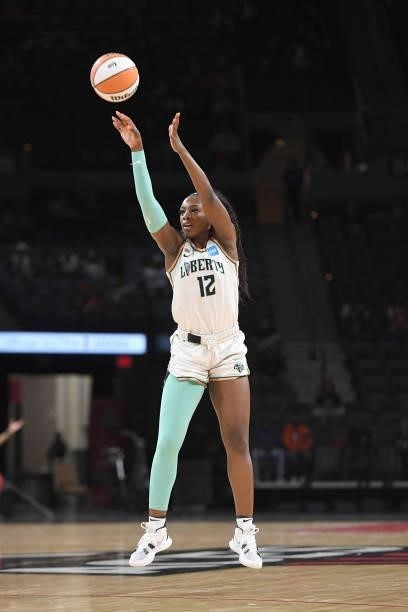 Michaela Onyenwere of the New York Liberty shoots the ball against the Las Vegas Aces on June 15, 2021 at Michelob ULTRA Arena in Las Vegas, Nevada....