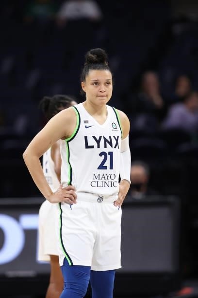 Kayla McBride of the Minnesota Lynx looks on during the game against the Chicago Sky on June 15, 2021 at Target Center in Minneapolis, Minnesota....