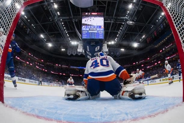 Ondrej Palat of the Tampa Bay Lightning scores against goalie Semyon Varlamov of the New York Islanders in Game Two of the Stanley Cup Semifinals of...