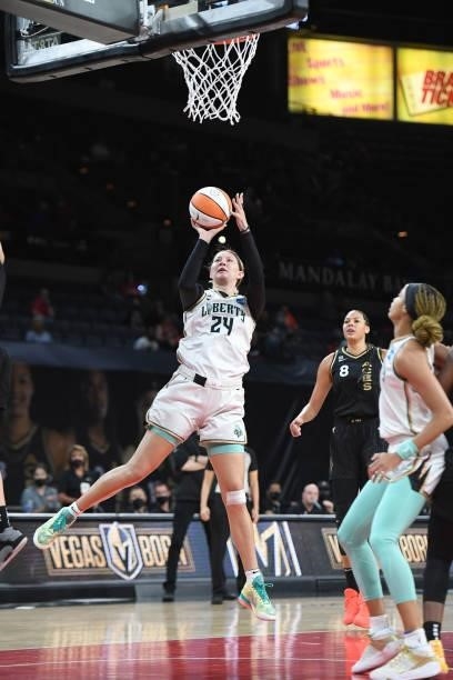 Kylee Shook of the New York Liberty shoots the ball against the Las Vegas Aces on June 15, 2021 at Michelob ULTRA Arena in Las Vegas, Nevada. NOTE TO...