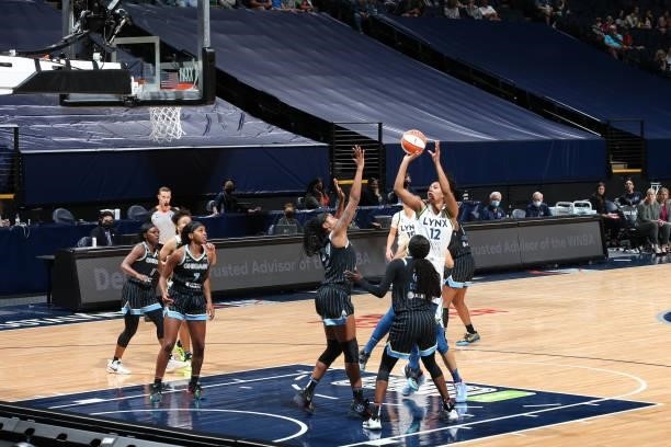 Damiris Dantas of the Minnesota Lynx shoots the ball during the game against the Chicago Sky on June 15, 2021 at Target Center in Minneapolis,...