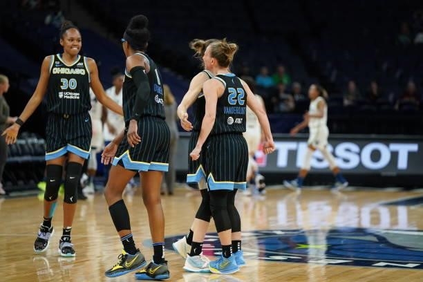The Chicago Sky high five during the game against the Minnesota Lynx on June 15, 2021 at Target Center in Minneapolis, Minnesota. NOTE TO USER: User...