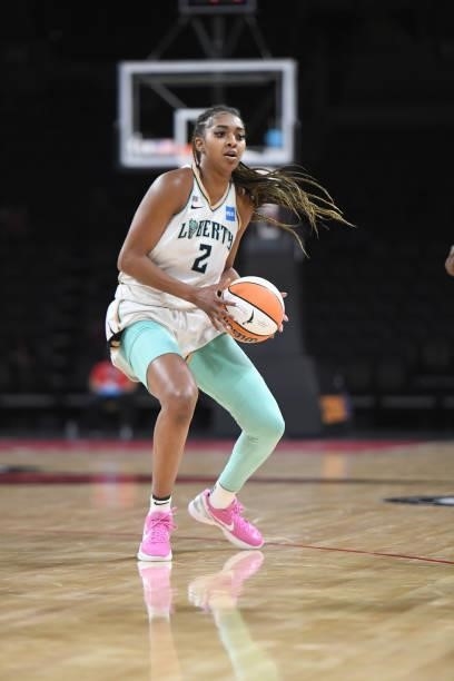 DiDi Richards of the New York Liberty handles the ball against the Las Vegas Aces on June 15, 2021 at Michelob ULTRA Arena in Las Vegas, Nevada. NOTE...
