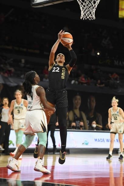 Ja Wilson of the Las Vegas Aces shoots the ball against the New York Liberty on June 15, 2021 at Michelob ULTRA Arena in Las Vegas, Nevada. NOTE TO...