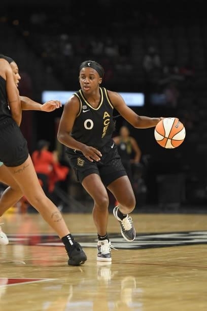 Jackie Young of the Las Vegas Aces dribbles the ball against the New York Liberty on June 15, 2021 at Michelob ULTRA Arena in Las Vegas, Nevada. NOTE...