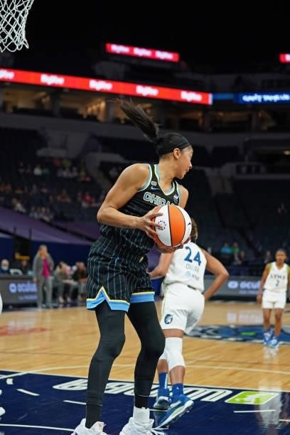 Candace Parker of the Chicago Sky rebounds during the game against the Minnesota Lynx on June 15, 2021 at Target Center in Minneapolis, Minnesota....