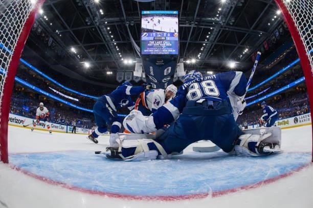 Goalie Andrei Vasilevskiy of the Tampa Bay Lightning tends net against Travis Zajac of the New York Islanders in Game Two of the Stanley Cup...