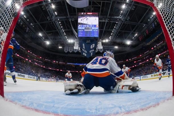 Ondrej Palat of the Tampa Bay Lightning scores against goalie Ilya Sorokin of the New York Islanders in Game Two of the Stanley Cup Semifinals of the...