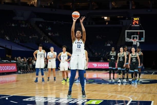Damiris Dantas of the Minnesota Lynx shoots a free throw during the game against the Chicago Sky on June 15, 2021 at Target Center in Minneapolis,...