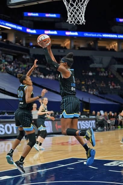 Diamond DeShields of the Chicago Sky rebounds during the game against the Minnesota Lynx on June 15, 2021 at Target Center in Minneapolis, Minnesota....