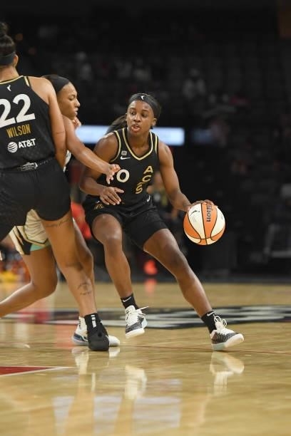 Jackie Young of the Las Vegas Aces handles the ball against the New York Liberty on June 15, 2021 at Michelob ULTRA Arena in Las Vegas, Nevada. NOTE...