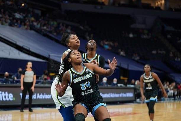 Ruthy Hebard of the Chicago Sky fights for rebound during the game against the Minnesota Lynx on June 15, 2021 at Target Center in Minneapolis,...