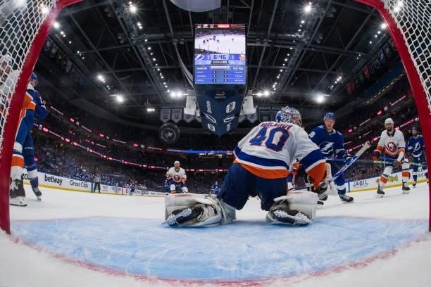 Ondrej Palat of the Tampa Bay Lightning scores against goalie Ilya Sorokin of the New York Islanders in Game Two of the Stanley Cup Semifinals of the...