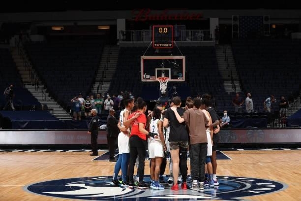 The Minnesota Lynx huddle up after a game against the Chicago Sky on June 15, 2021 at Target Center in Minneapolis, Minnesota. NOTE TO USER: User...