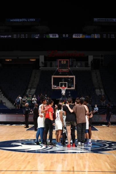 The Minnesota Lynx huddle up after a game against the Chicago Sky on June 15, 2021 at Target Center in Minneapolis, Minnesota. NOTE TO USER: User...