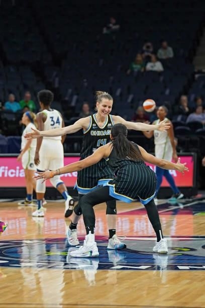 Allie Quigley of the Chicago Sky and Candace Parker of the Chicago Sky celebrate during the game against the Minnesota Lynx on June 15, 2021 at...