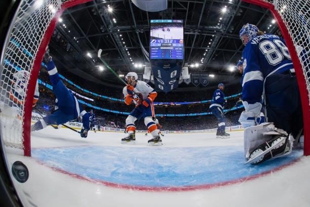 Goalie Andrei Vasilevskiy of the Tampa Bay Lightning gives up a goal against the New York Islanders in Game Two of the Stanley Cup Semifinals of the...
