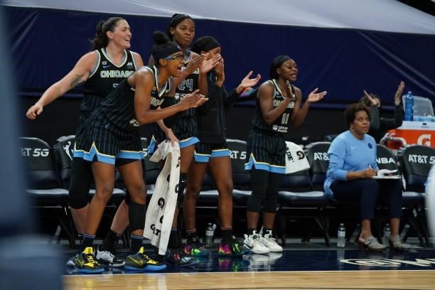 The Chicago Sky bench cheering on their teammates during the game against the Minnesota Lynx on June 15, 2021 at Target Center in Minneapolis,...