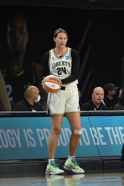Kylee Shook of the New York Liberty handles the ball against the Las Vegas Aces on June 15, 2021 at Michelob ULTRA Arena in Las Vegas, Nevada. NOTE...