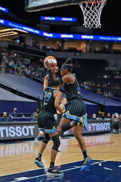Diamond DeShields of the Chicago Sky rebounds during the game against the Minnesota Lynx on June 15, 2021 at Target Center in Minneapolis, Minnesota....
