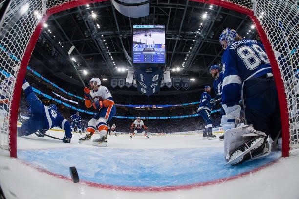 Goalie Andrei Vasilevskiy of the Tampa Bay Lightning gives up a goal against the New York Islanders in Game Two of the Stanley Cup Semifinals of the...