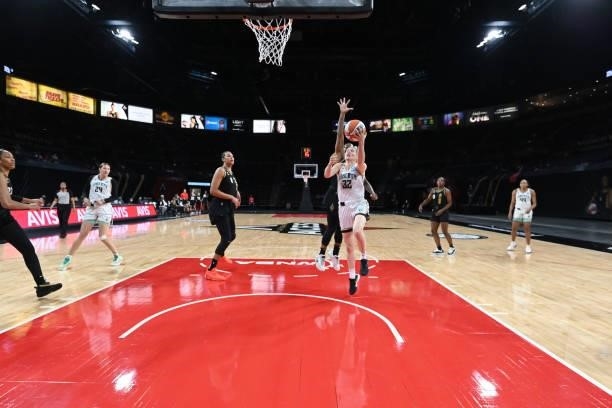 Sami Whitcomb of the New York Liberty drives to the basket against the Las Vegas Aces on June 15, 2021 at Michelob ULTRA Arena in Las Vegas, Nevada....