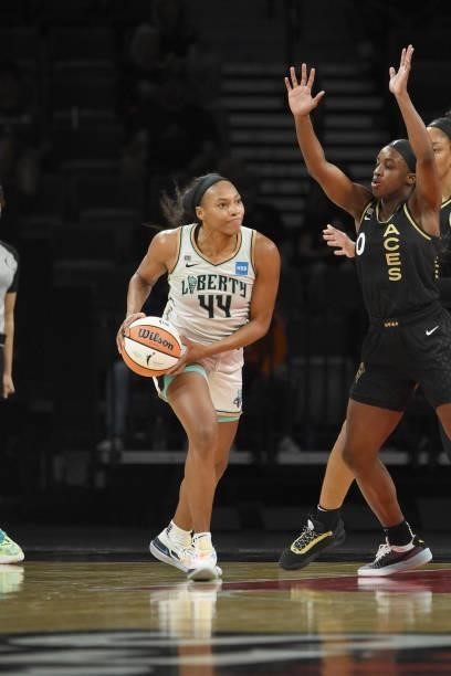 Betnijah Laney of the New York Liberty handles the ball against the Las Vegas Aces on June 15, 2021 at Michelob ULTRA Arena in Las Vegas, Nevada....