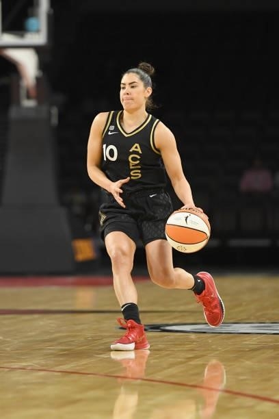 Kelsey Plum of the Las Vegas Aces handles the ball against the New York Liberty on June 15, 2021 at Michelob ULTRA Arena in Las Vegas, Nevada. NOTE...