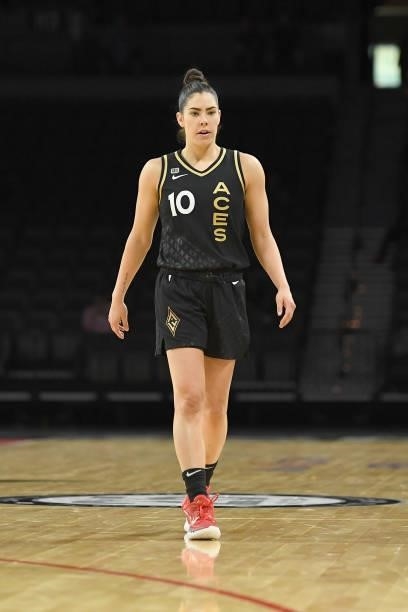 Kelsey Plum of the Las Vegas Aces looks on during the game against the New York Liberty on June 15, 2021 at Michelob ULTRA Arena in Las Vegas,...