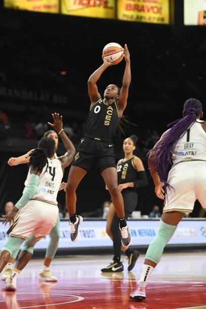 Jackie Young of the Las Vegas Aces shoots the ball against the New York Liberty on June 15, 2021 at Michelob ULTRA Arena in Las Vegas, Nevada. NOTE...