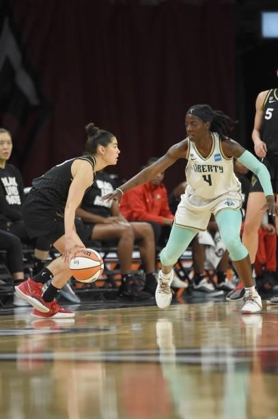 Jazmine Jones of the New York Liberty plays defense on Kelsey Plum of the Las Vegas Aces on June 15, 2021 at Michelob ULTRA Arena in Las Vegas,...