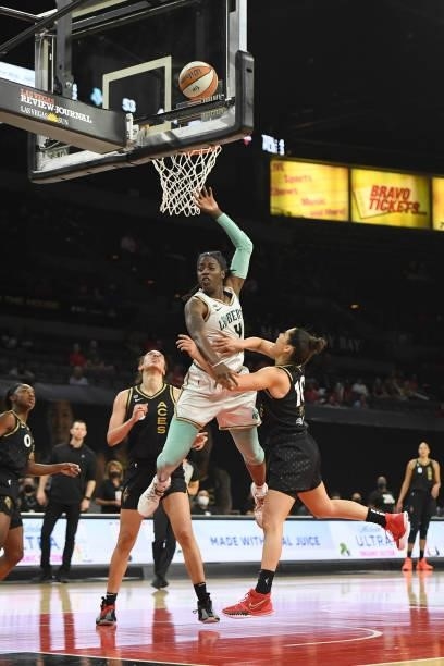 Jazmine Jones of the New York Liberty shoots the ball against the Las Vegas Aces on June 15, 2021 at Michelob ULTRA Arena in Las Vegas, Nevada. NOTE...